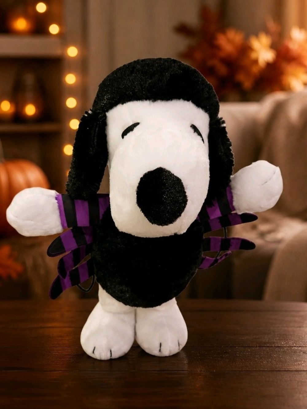 Plush Snoopy Halloween Stuffed Animal in Black & White with Purple Accents